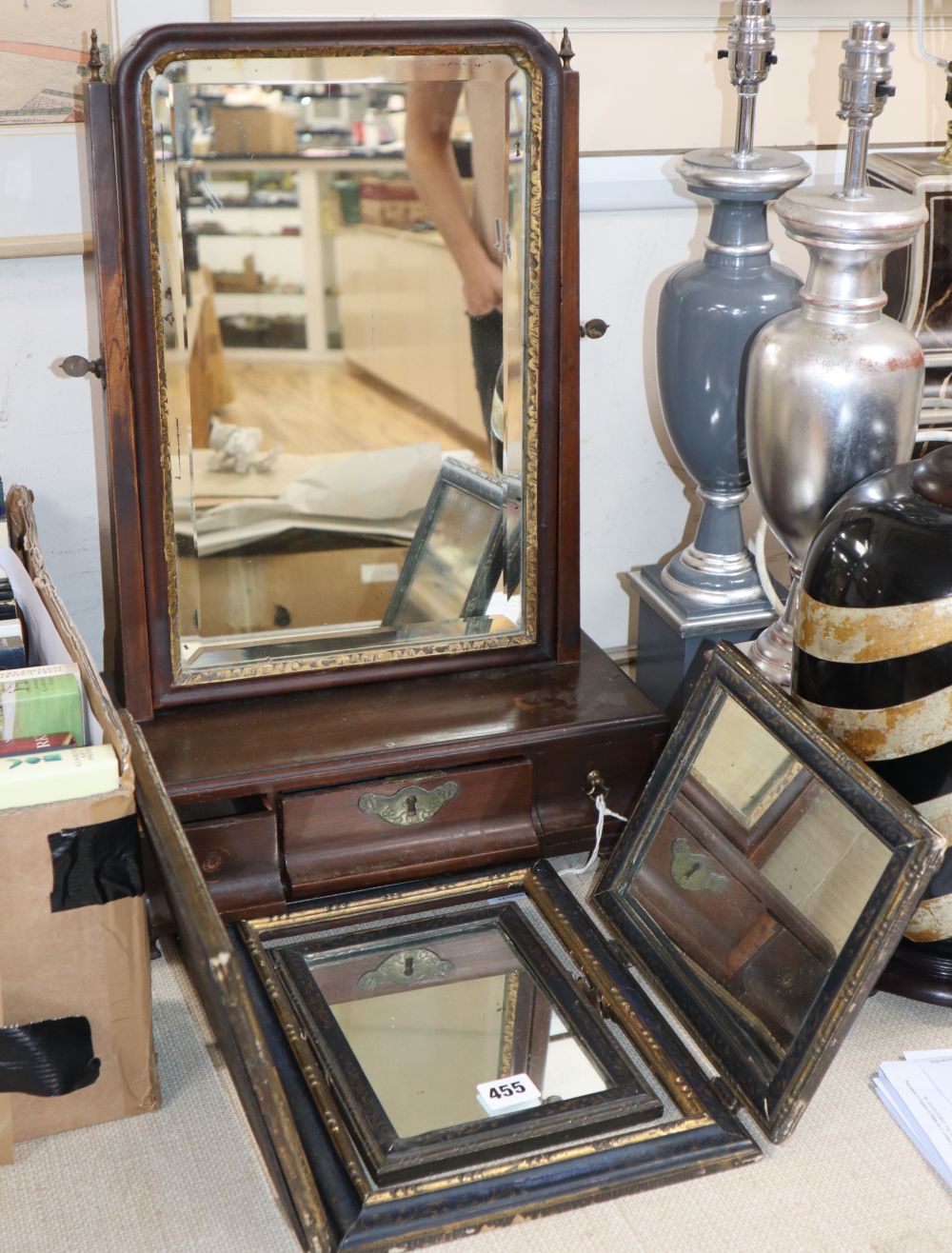 An 18th century mahogany toilet mirror together with a triptych mirror